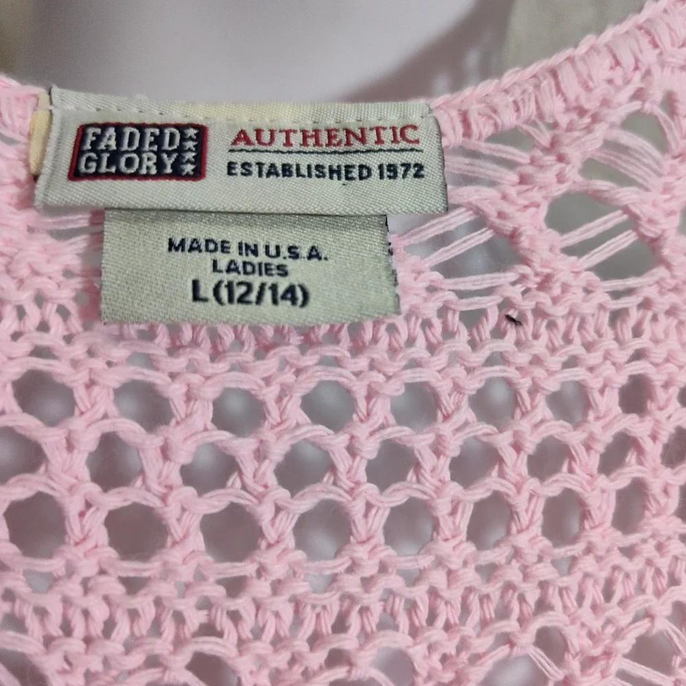 Faded Glory Crochet  Pink Cropped Cardigan with Open-Front Design NWOT
